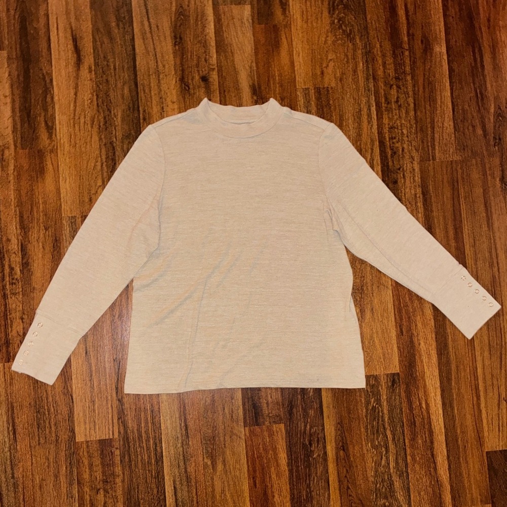 Rafaella Womens XL Beige Knit Mock Neck Long Sleeve Top Gold Button Cuff Oatmeal